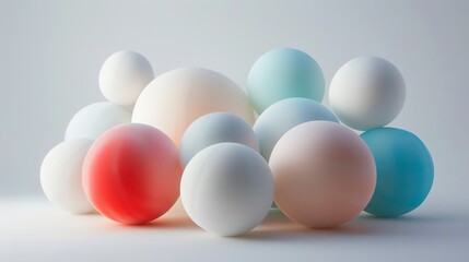 Poster - 3D rendering of a group of pastel colored spheres. The spheres are of different sizes and are arranged in a random order.