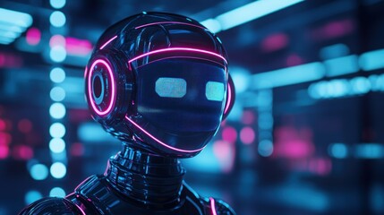 Futuristic robot head in neon lit warehouse