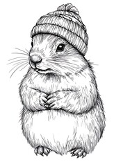 Poster - Small Rodent in Knit Winter Hat Black and White Illustration