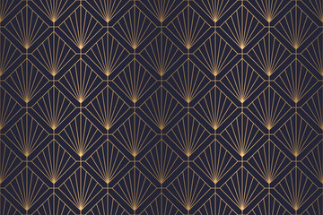 Wall Mural - golden art deco sunburst and square rhombus pattern on dark blue. repeating geometric shapes with ra