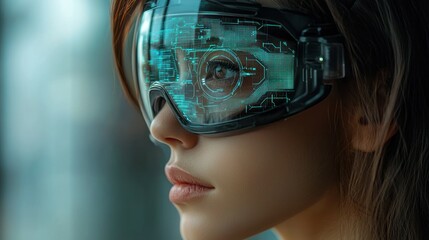 Poster - Futuristic Woman with Advanced AR Glasses,  Exploring Digital Realms