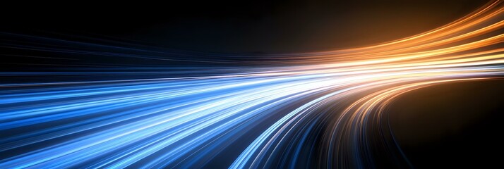 Poster - Dynamic light trails streak across dark background creating futuristic motion effect in blue and orange colors, abstract technology concept for modern design backgrounds.