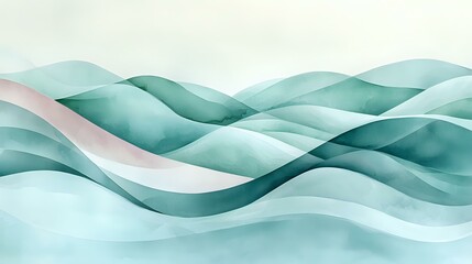 Poster - Flowing abstract waves in soft mint green and white create gentle curved lines and layered transparent shapes, suitable for modern minimalist design backgrounds.