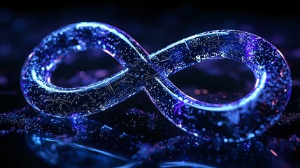 Poster - glowing infinity symbol with sparkling particles in deep blue and purple colors against dark backgro