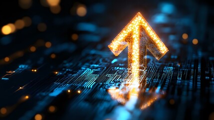Poster - Glowing upward arrow symbol on digital circuit board background with bokeh lights, representing growth, success and technological advancement in business.