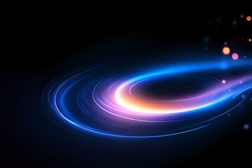 Poster - Glowing spiral light trails with blue and pink neon colors against dark background create dynamic motion effect for technology and space designs.