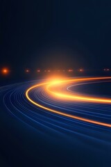 Poster - Glowing orange light trails curve along dark blue path at night, creating dynamic motion effect with illuminated streaks against deep background.