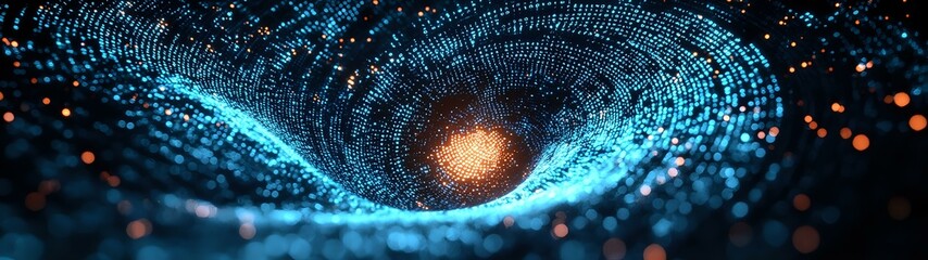 Poster - Glowing spiral vortex with luminous particles in dark space creates futuristic tunnel effect, orange light source at center radiates through blue digital waves.