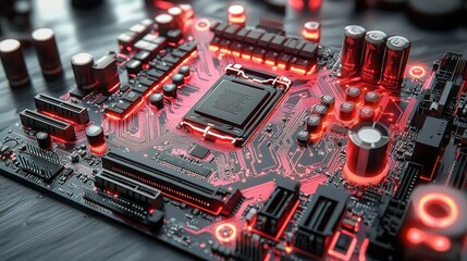 Poster - Close-up view of a technologically advanced computer motherboard with illuminated components