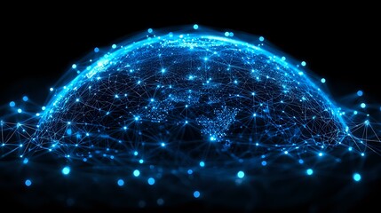 Poster - glowing blue network connections forming global sphere shape with light dots and lines representing 