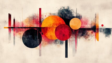Poster - abstract painting featuring geometric shapes circles and rectangles with vibrant colors on a textured background for modern art design projects