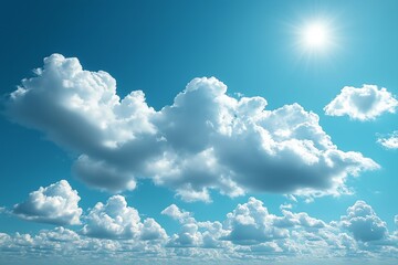 fluffy white clouds drift in a bright blue sky with a radiant sun shining above, creating a serene a