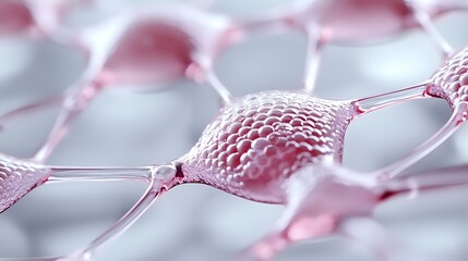 Poster - Pink neural network structure with interconnected nodes showing synaptic connections in soft focus macro view, representing artificial intelligence and brain science.