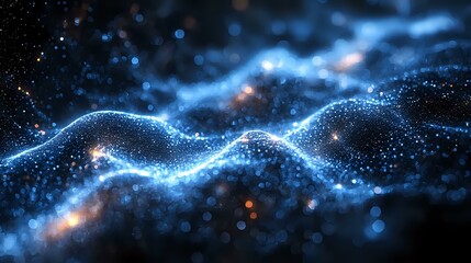 Aufkleber - Abstract blue glowing wave of particles flowing through dark space with light effects and bokeh, futuristic digital technology background.