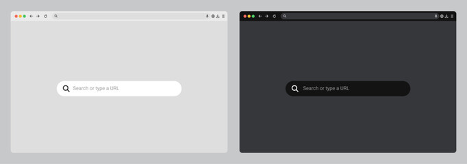 Fototapete - Browser window website mockup with device frames for desktop, laptop, tablet, and phone. Features light, dark, and night themes. Vector UI design for web presentations.