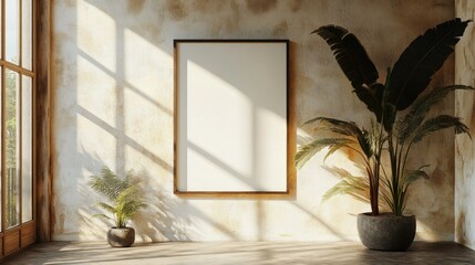 Poster - blank canvas on sunlit wall with leafy plants offers customizable art space for presentations showcasing nature-inspired designs and modern aesthetics