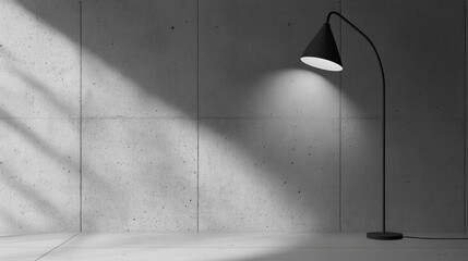 Poster - monochromatic interior scene featuring a modern floor lamp casting light on a textured concrete wall under soft natural illumination