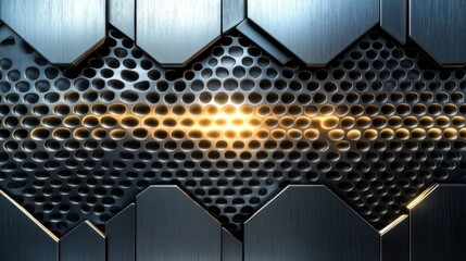 Poster - abstract metallic surface with circular perforation and strategic lighting creating a sense of depth and technological advancement ambiance