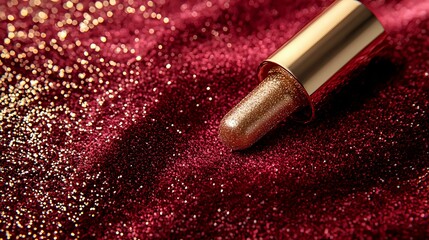 Poster - Luxurious golden lipstick on dark red glitter background with bokeh effect and metallic shimmer. Glamorous cosmetic product photography for beauty and makeup.