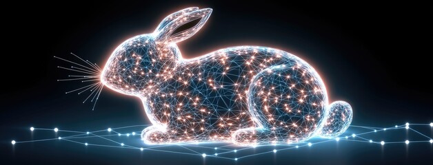 Fototapete - 3D wireframe hologram rabbit in neon colors on dark background with captivating glowing grid