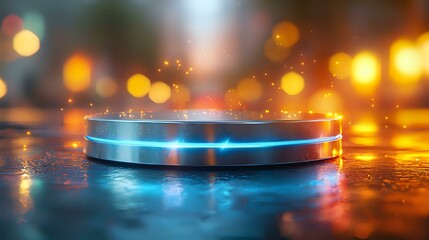 Poster - Futuristic glowing platform with neon blue light on wet reflective surface against blurred orange bokeh background creates sci-fi atmosphere.