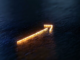 Poster - Glowing golden arrow pointing upward on dark textured surface creates dramatic lighting effect, symbolizing growth, success and forward momentum in business concepts.