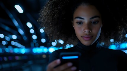 Poster - young african american woman with natural curly hair looking at mobile phone screen in dark environm
