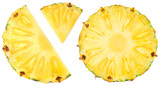 Pineapple isolated png. Pineapple slice on transparent background. Cut pineapple no background top view. Round pineapple slice and piece transparent png. Full depth of field.