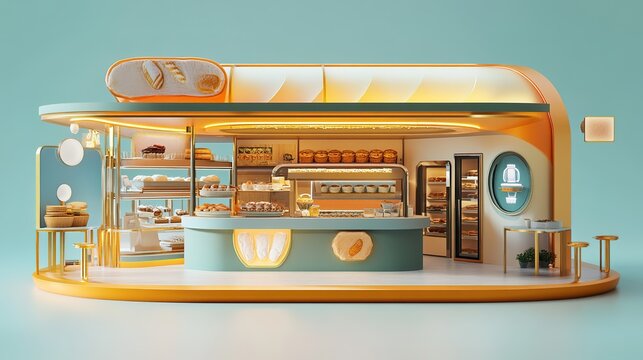 A digital 3D model of a bakery designed with a mix of futuristic and traditional aesthetics, conceptual and artistic.