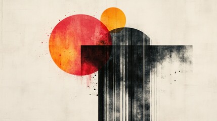 Poster - interplay of geometric shapes in textured composition showcasing abstract design with circles rectangles and vertical stripes conveying modern art