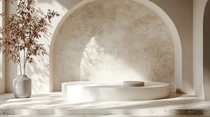 Poster - serene space with an elegant round podium subtle textures and arches creating a minimalist interior for product showcasing and artistic presentations