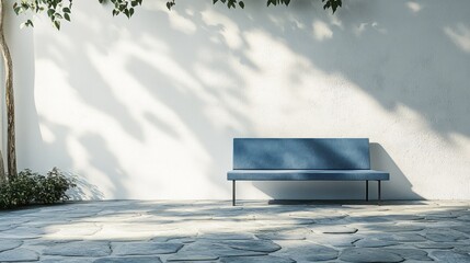 Poster - serene outdoor scene with blue bench against white wall and dappled sunlight creating a tranquil and inviting atmosphere for relaxation