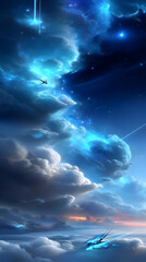 Poster - Blue Cosmic Sky with Glowing Clouds and Aircraft