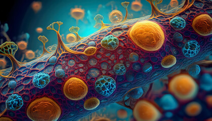 Poster - Intricate microscopic view of cellular structures showcasing vibrant colors and complex patterns of life