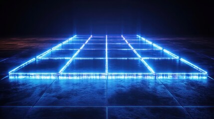 Poster - illuminated futuristic grid on a glossy floor creating a pathway into an unknown realm of digital possibilities in glowing blue light