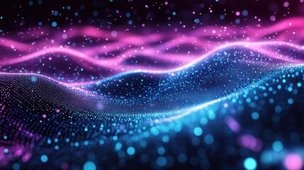 Poster - dynamic network of interconnected glowing particles creating a vibrant landscape of data visualization and futuristic technology background