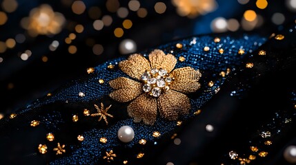 Poster - Elegant golden flower brooch with crystals and pearls on dark blue velvet fabric, decorated with shimmering stars and bokeh lights creating magical atmosphere.