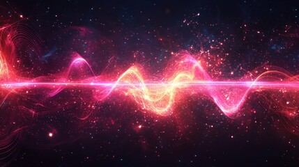 Poster - abstract light streak with cosmic particle dust radiating in deep space creates a futuristic tech vibe with digital wave interference effect