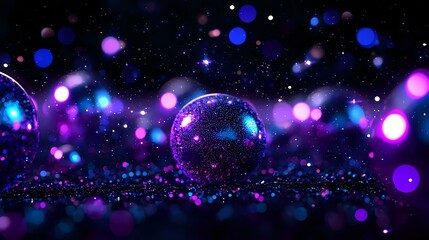 Poster - Magical cosmic spheres with glowing purple and blue bokeh lights against dark starry background create dreamy atmospheric composition for fantasy designs.
