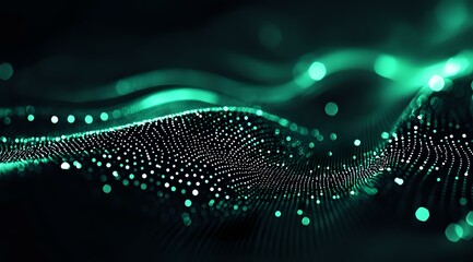 Poster - abstract digital wave of glowing particles in dark space with green bokeh lights creating futuristic
