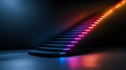 Poster - Glowing neon staircase with gradient lighting from blue to pink and orange creates dramatic atmosphere in dark space, modern futuristic design concept.