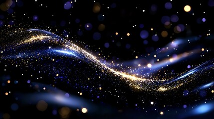 Aufkleber - Magical glowing wave of sparkling stardust and light particles flowing on dark background with blue bokeh effect creates cosmic atmosphere.