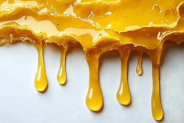 Poster - Golden honey drips and drizzles creating natural organic patterns against white background, showing viscous liquid texture and flow in macro photography.