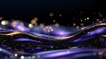Aufkleber - Magical purple and gold waves flow through starry space with glowing bokeh lights creating dreamy cosmic atmosphere. Abstract background for luxury designs.