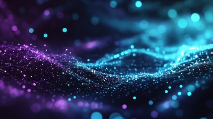 Poster - network visualization of connected points with a gradient of purple and cyan representing data streams and technological advancement of the future