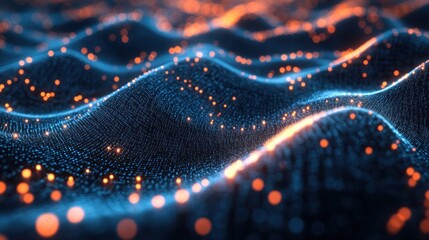 Poster - abstract technology landscape of illuminated points and waves representing data streams and complex network connections across a digital terrain