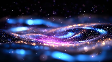 Poster - Magical glowing waves with sparkles in dark space, flowing abstract light trails in blue and purple colors with bokeh particles and cosmic dust.