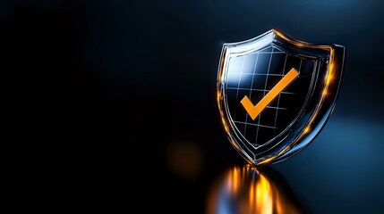 Poster - Glowing shield with checkmark symbol on dark background represents security, protection and verification concepts for business presentations.