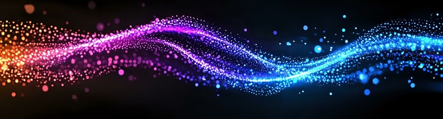 Poster - Glowing wave of sparkling particles flowing from pink to blue colors against black background creates magical light effect with bokeh and shine elements.