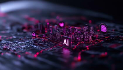 Poster - Futuristic circuit board with glowing pink AI text and components, representing artificial intelligence and advanced technology in dark atmosphere.